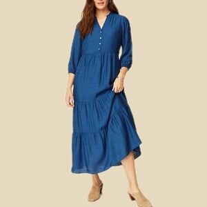 J. Jill Blue Ruffled Neckline‎ Tiered Maxi Dress Size Large Oceanic Cottage Core